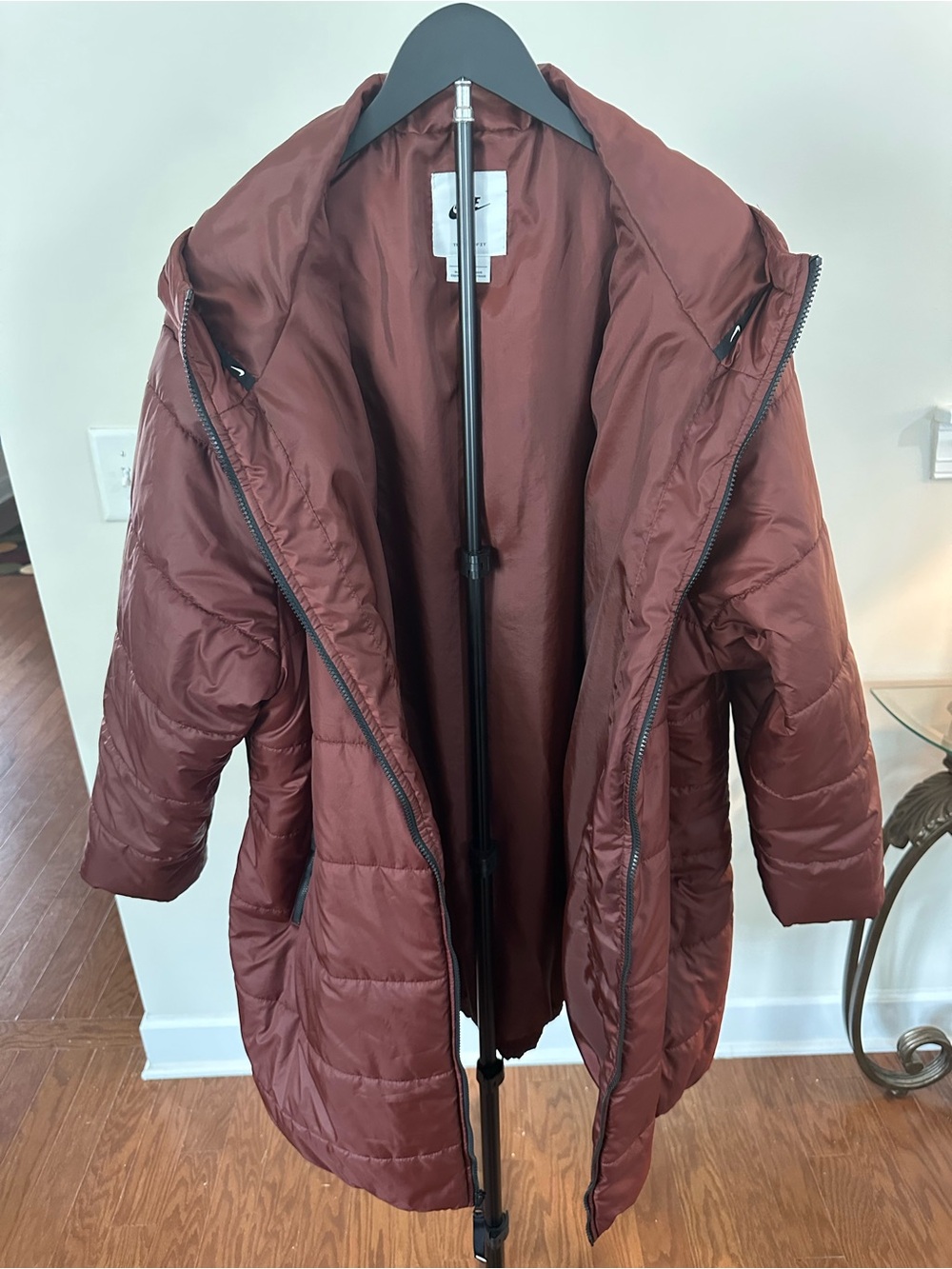 Nike Women's Long Puffer Coat in Rust Brown